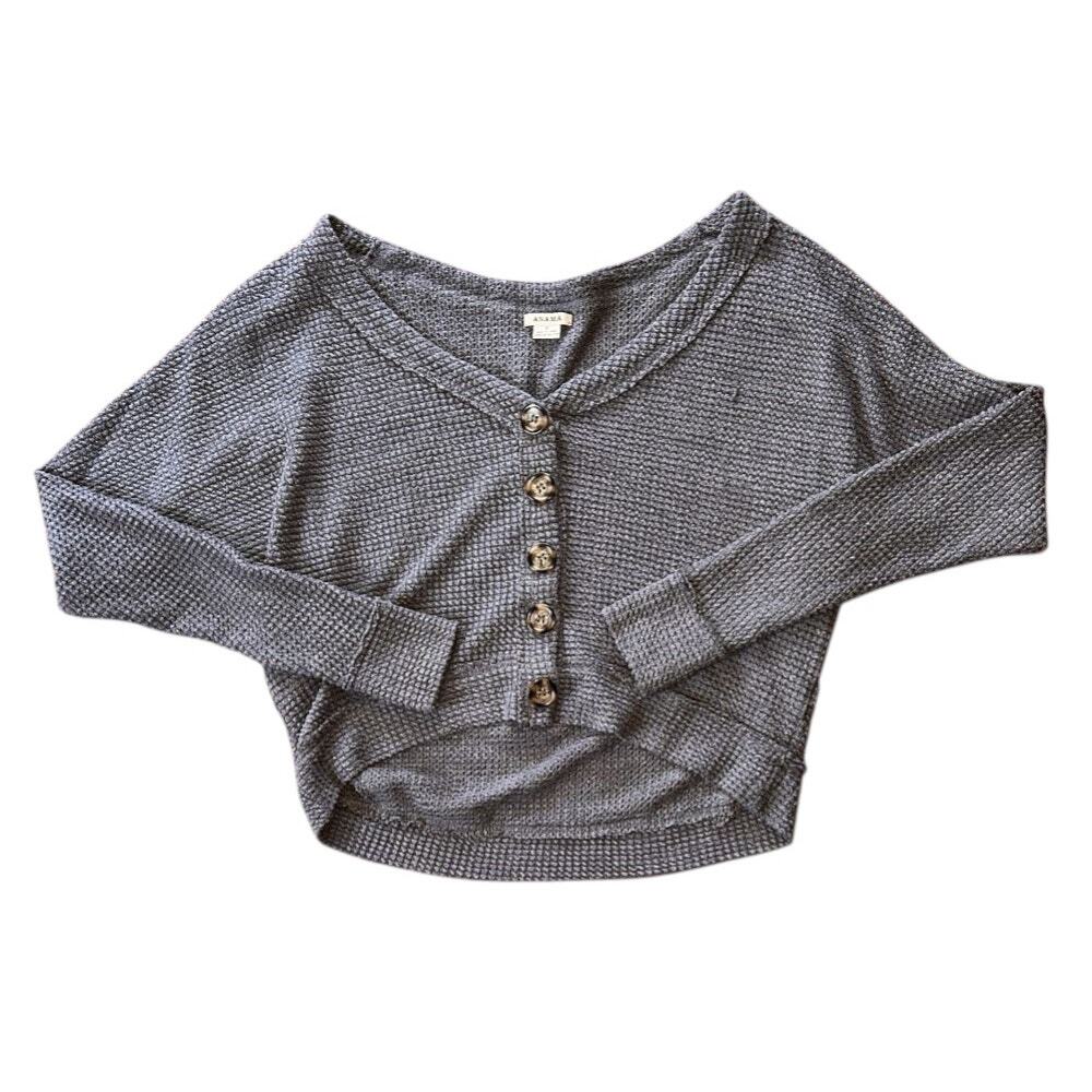 Anama Henley V-Neck Waffle Knit Gray Top Small